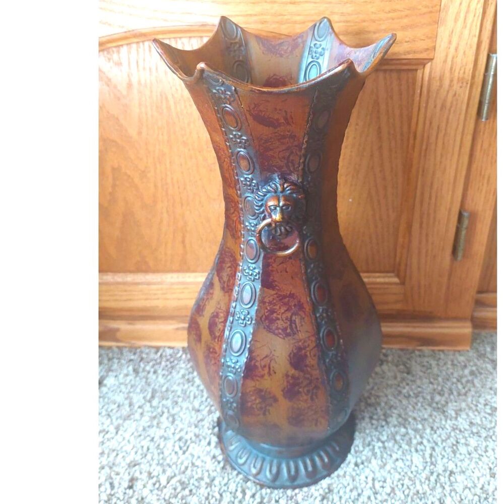 Distressed Metal Lion Head Urn Vase Flared Scalloped 13.5"